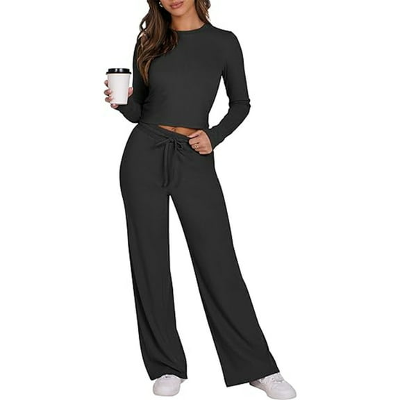 DailyTrove Women's Long Sleeve Crew Neck Loungewear Set - Solid Color, Loose Fit, Casual Daily & Home Wear,Black