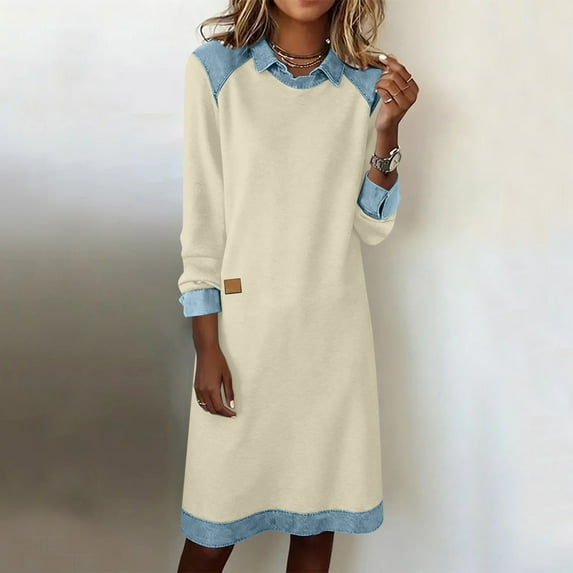 DailyTrove Women's Long Sleeve Crew Neck Midi Dress - Contrast Trim Casual Shift Dress for Daily & Loungewear