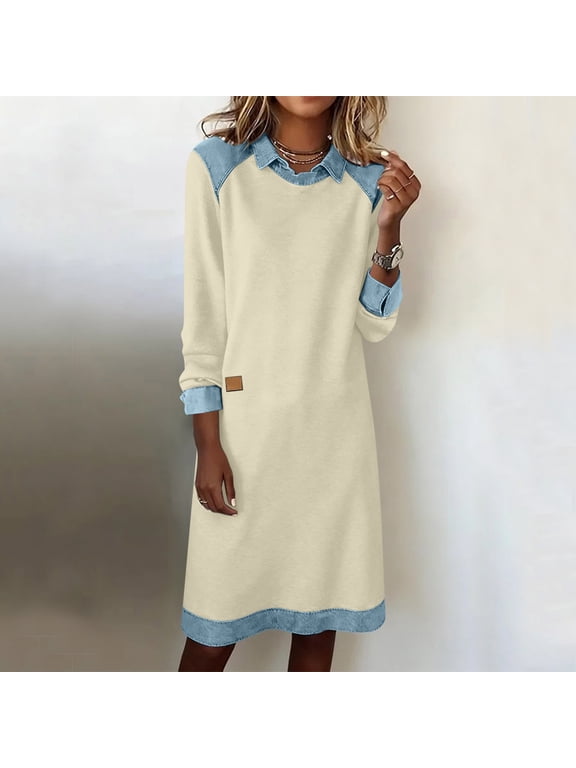 Women's Long Sleeve Crew Neck Midi Dress - Contrast Trim Casual Shift Dress for Daily & Loungewear