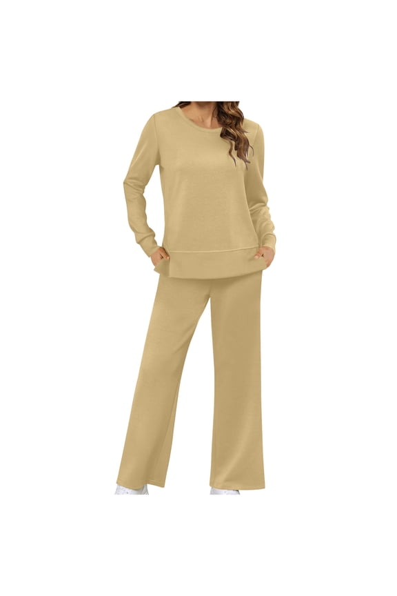 Women's Long Sleeve Crew Neck Scrub Set - Solid Color, Loose Fit, Casual Style, Fall & Outdoor Leisure & Work Wear,Khaki