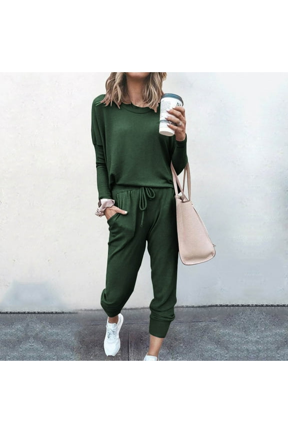 Women's Long Sleeve Crew Neck Sweater & Pant Set - Solid Color, Loose Fit, Fall & Casual Daily Wear,Army Green