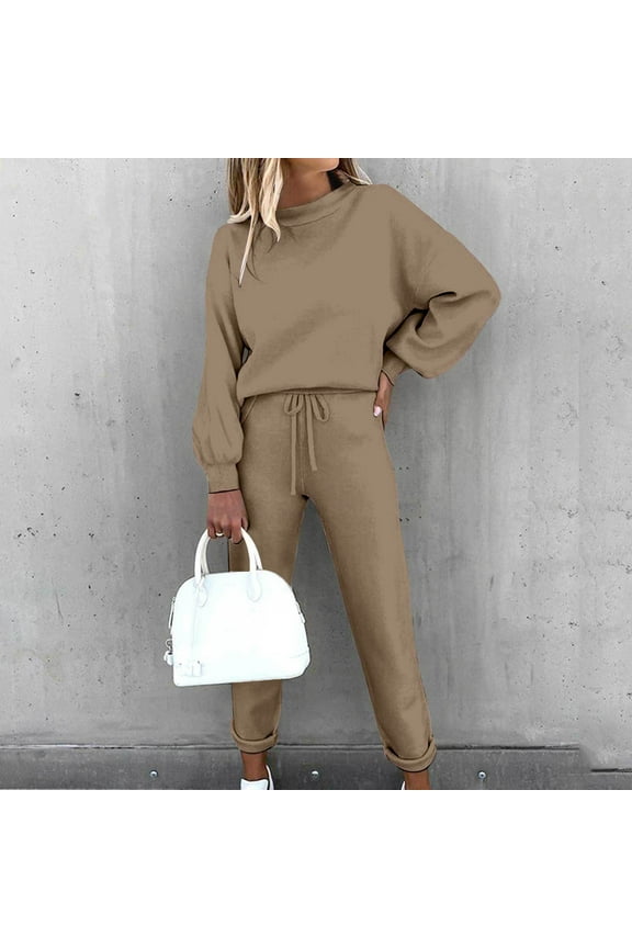Women's Long Sleeve Crew Neck Sweater & Pant Set - Solid Color, Loose , Fall & Casual Daily Wear,Brown
