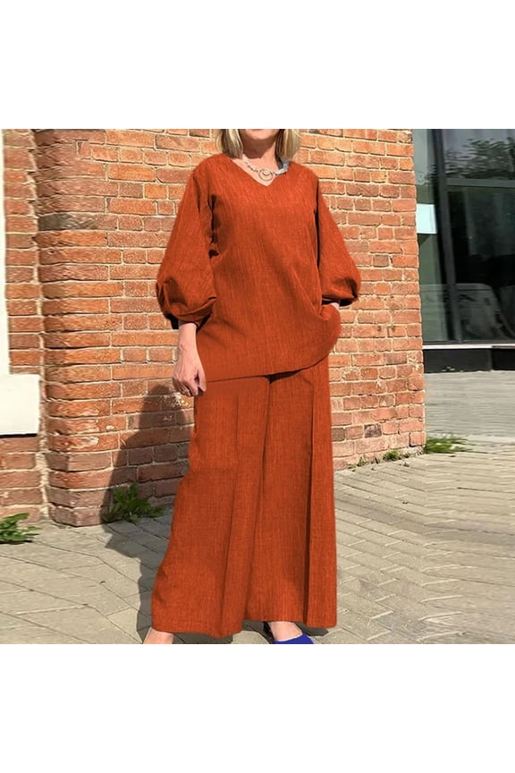 Women's Long Sleeve Crew Neck Sweater & Pant Set - Solid Color, Loose Fit, Fall & Casual Daily Wear,Red