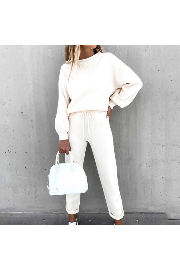 Women's Long Sleeve Crew Neck Sweater & Pant Set - Solid Color, Loose , Fall & Casual Daily Wear,White