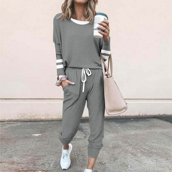 DailyTrove Women's Long Sleeve Drawstring Tracksuit - Solid Color, Casual Style, Fall & Outdoor Leisure Wear,Gray