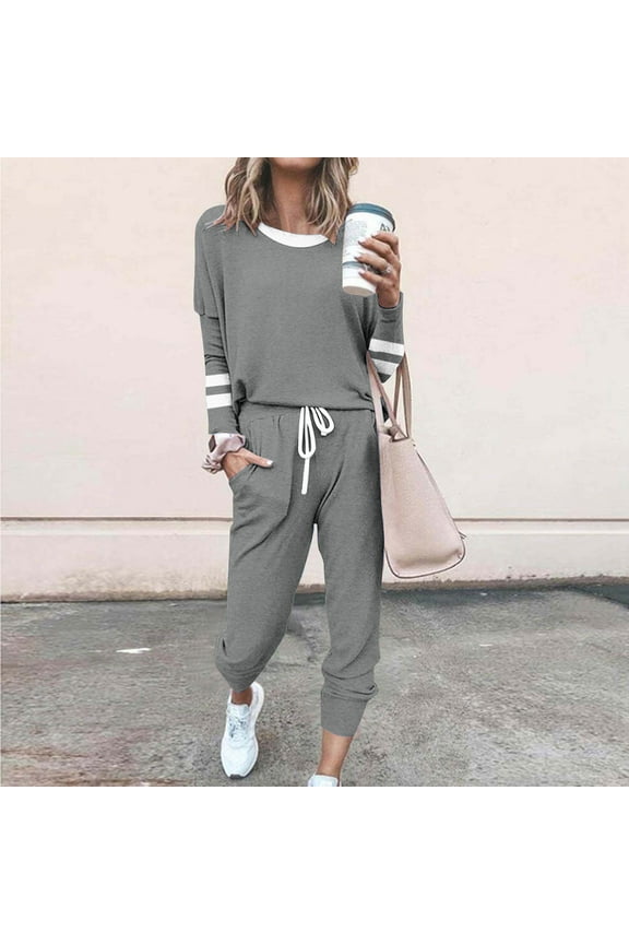 Women's Long Sleeve Drawstring Tracksuit - Solid Color, Casual Style, Fall & Outdoor Leisure Wear,Gray
