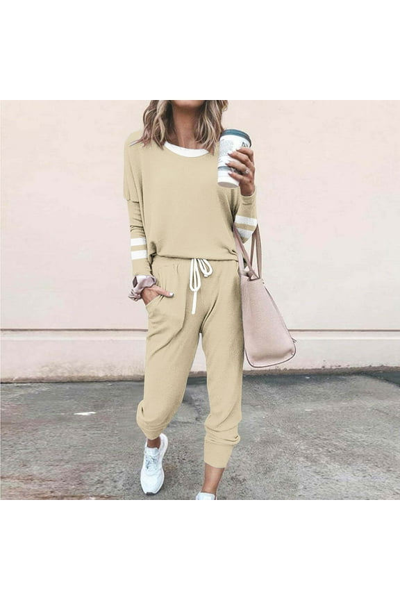 Women's Long Sleeve Drawstring Tracksuit - Solid Color, Slim Fit, Spring & Street Wear,Beige