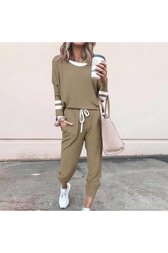 Women's Long Sleeve Drawstring Tracksuit - Solid Color, Slim Fit, Spring & Street Wear,Khaki