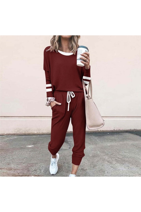 Women's Long Sleeve Drawstring Tracksuit - Solid Color, Slim Fit, Spring & Street Wear,Wine