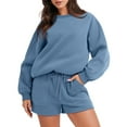 thumbnail image 1 of DailyTrove Women's Long Sleeve Drop Shoulder Sweatshirt & Short Set - Solid Color, Oversized Fit, Spring & Street Wear,Blue, 1 of 6