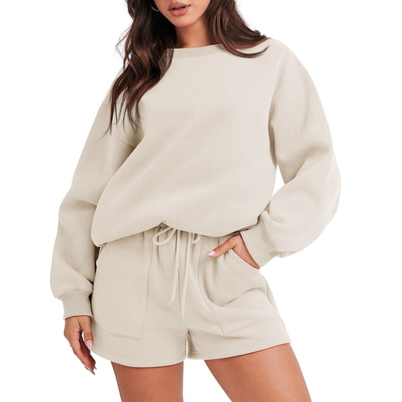 DailyTrove Women's Long Sleeve Drop Shoulder Sweatshirt & Short Set - Solid Color, Oversized Fit, Spring & Street Wear,Khaki