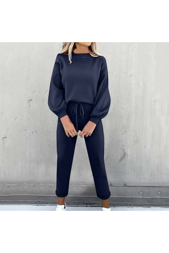 Women's Long Sleeve Drop Shoulder Sweatshirt - Solid Color, Oversized Fit, Fall & Casual Daily Wear,Dark Blue