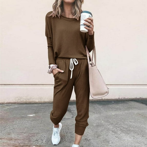 DailyTrove Women's Long Sleeve Drop Shoulder Tracksuit - Solid Color, Casual Style, Spring & Outdoor Leisure Wear,Brown