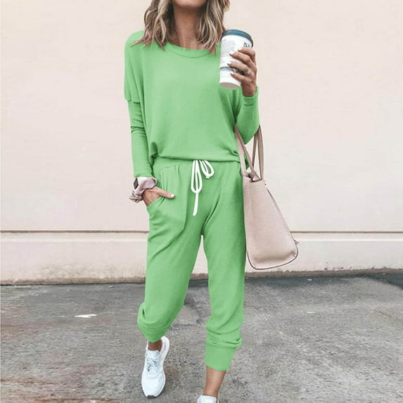 DailyTrove Women's Long Sleeve Drop Shoulder Tracksuit - Solid Color, Casual Style, Spring & Outdoor Leisure Wear,Mint Green