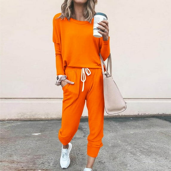 DailyTrove Women's Long Sleeve Drop Shoulder Tracksuit - Solid Color, Casual Style, Spring & Outdoor Leisure Wear,Orange