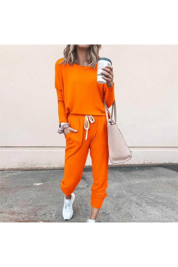 Women's Long Sleeve Drop Shoulder Tracksuit - Solid Color, Casual Style, Spring & Outdoor Leisure Wear,Orange