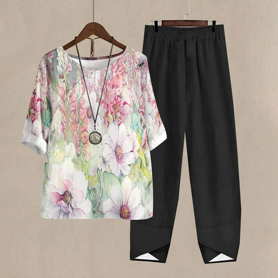 DailyTrove Women's Long Sleeve Floral Print Top & Pant Set - Patterned, Loose Fit, Summer & Weekend Wear,Black
