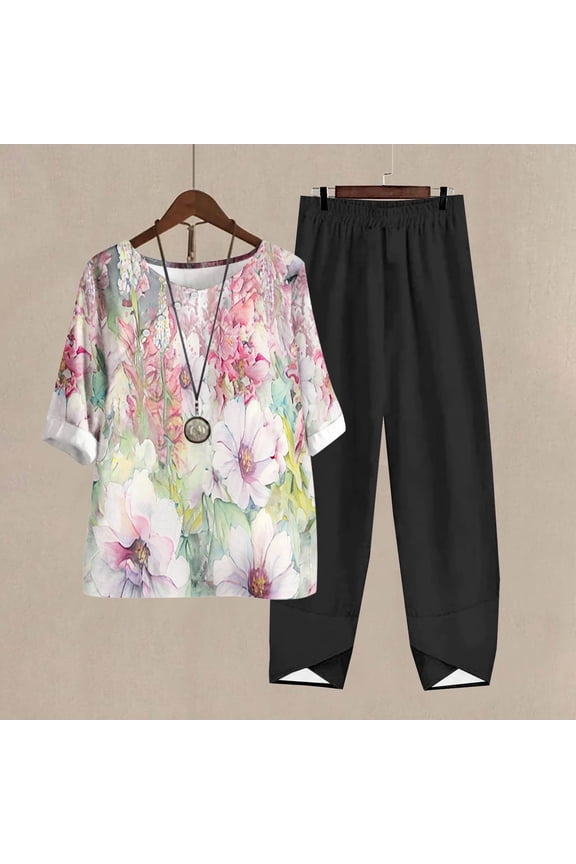 Women's Long Sleeve Floral Print Top & Pant Set - Patterned, Loose Fit, Summer & Weekend Wear,Black