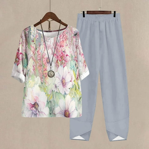 DailyTrove Women's Long Sleeve Floral Print Top & Pant Set - Patterned, Loose Fit, Summer & Weekend Wear,Gray