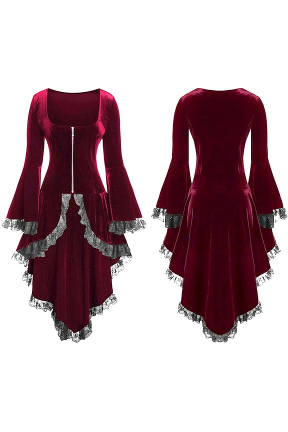 Women's Long Sleeve Gothic Lace-Trim Maxi Dress - Polyester Vintage Evening Wear, Edgy for Halloween Events for women