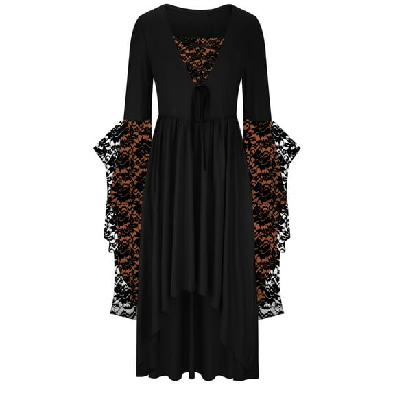 DailyTrove Women's Long Sleeve Gothic Maxi Dress - Velvet Contrast Lace Trim Formal Evening Gown, Slim-Fit Polyester, Ideal for Halloween & Gala Events for women