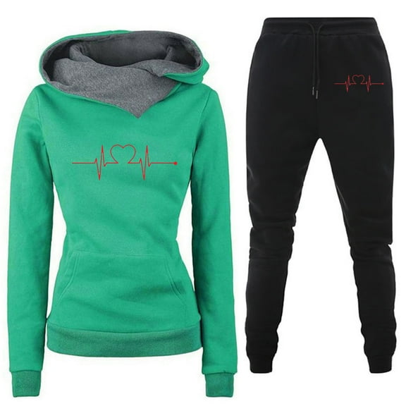 DailyTrove Women's Long Sleeve Heart Print Hoodie & Pant Set - Patterned, Casual Style, Fall & Street Wear,Green