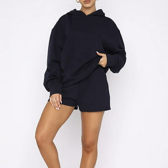 DailyTrove Women's Long Sleeve Hoodie & Short Set - Solid Color, Casual Style, Summer & Casual Daily Wear,Blue