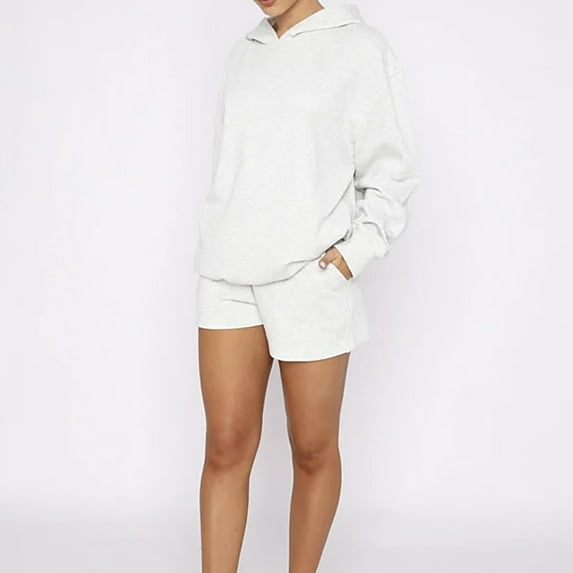 DailyTrove Women's Long Sleeve Hoodie & Short Set - Solid Color, Casual Style, Summer & Casual Daily Wear,Gray