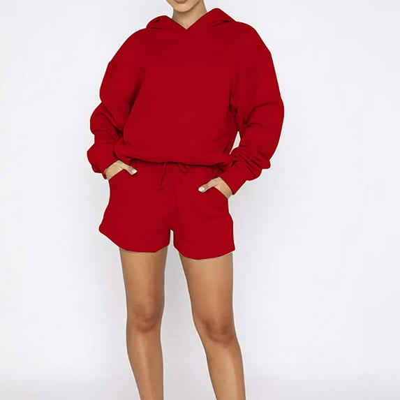 DailyTrove Women's Long Sleeve Hoodie & Short Set - Solid Color, Casual Style, Summer & Casual Daily Wear,Red