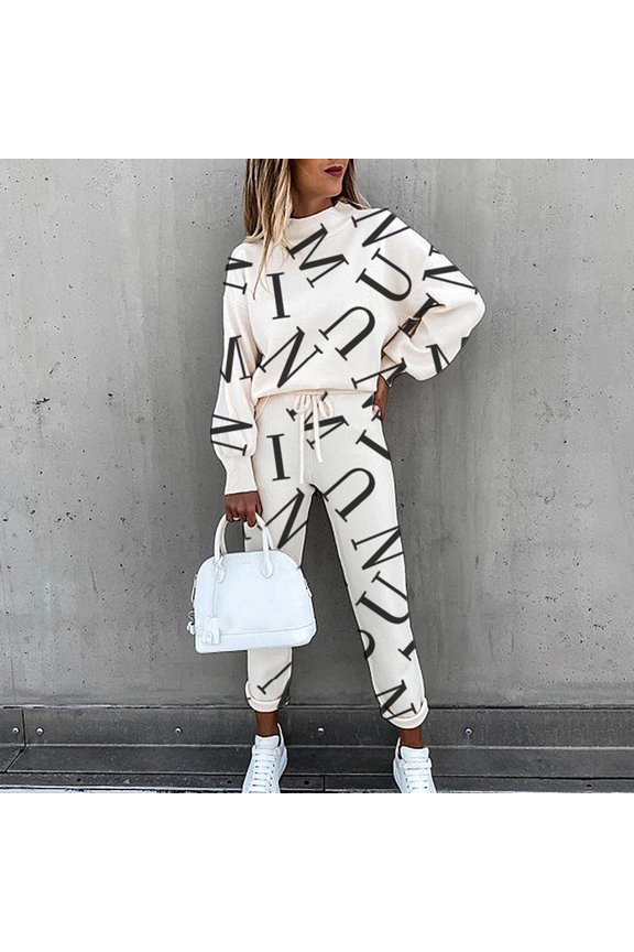 Women's Long Sleeve Knit Top & Pant Set - Solid Color, Textured Fabric, Fall & Casual Street Wear,White