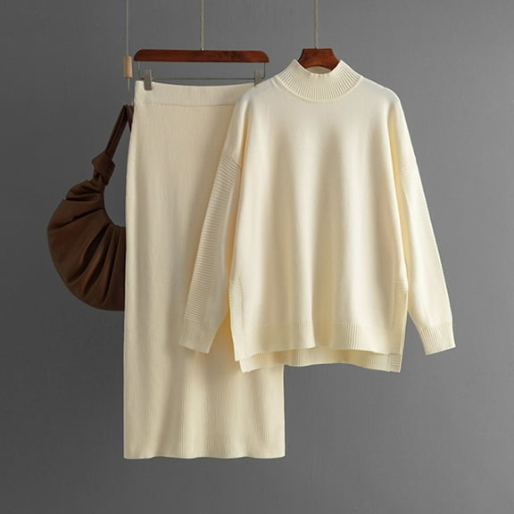 DailyTrove Women's Long Sleeve Mock Neck Sweater & Pant Set - Solid Color, Slim Fit, Fall & Casual Daily Wear,Beige