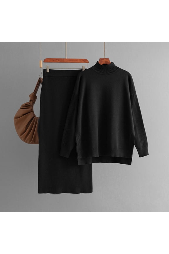 Women's Long Sleeve Mock Neck Sweater & Pant Set - Solid Color, Slim Fit, Fall & Casual Daily Wear,Black