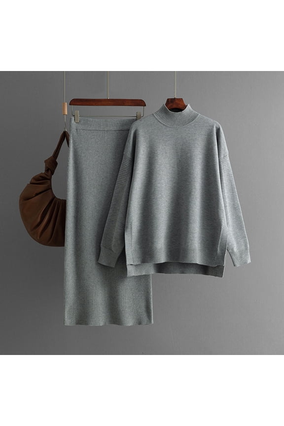 Women's Long Sleeve Mock Neck Sweater & Pant Set - Solid Color, Slim Fit, Fall & Casual Daily Wear,Gray