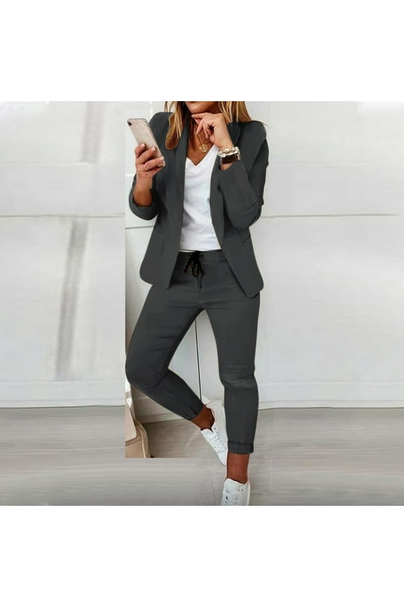 Women's Long Sleeve Notch Lapel Blazer & Pant Set - Solid Color, Slim Fit, Work & Business Wear,Dark Gray