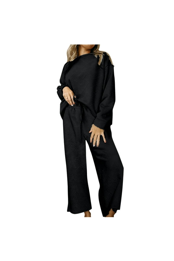 Women's Long Sleeve Off-Shoulder Loungewear Set - Solid Color, Loose Fit, Casual Daily & Home Wear,Black