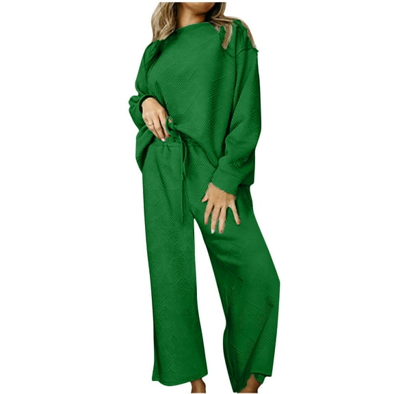 DailyTrove Women's Long Sleeve Off-Shoulder Loungewear Set - Solid Color, Loose Fit, Casual Daily & Home Wear,Green