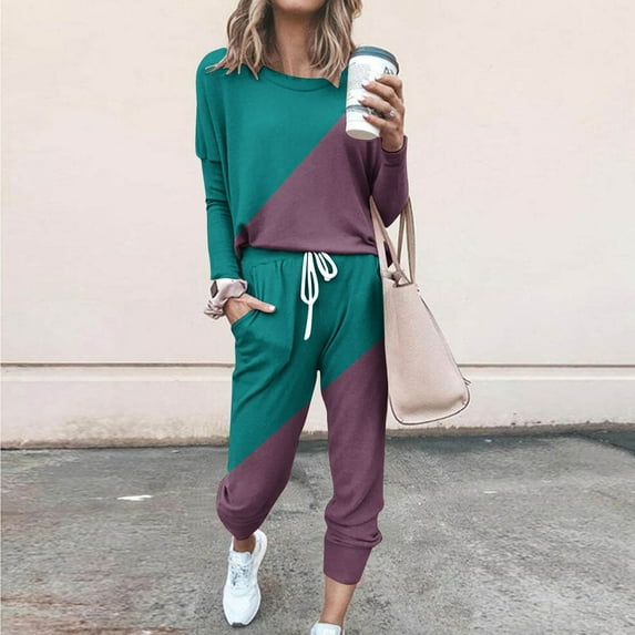 DailyTrove Women's Long Sleeve Ombre Sweatpants Set - Gradient Design, Casual Style, Fall & Outdoor Leisure Wear,Green