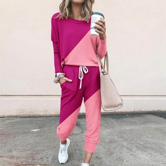 DailyTrove Women's Long Sleeve Ombre Sweatpants Set - Gradient Design, Casual Style, Fall & Outdoor Leisure Wear,Pink