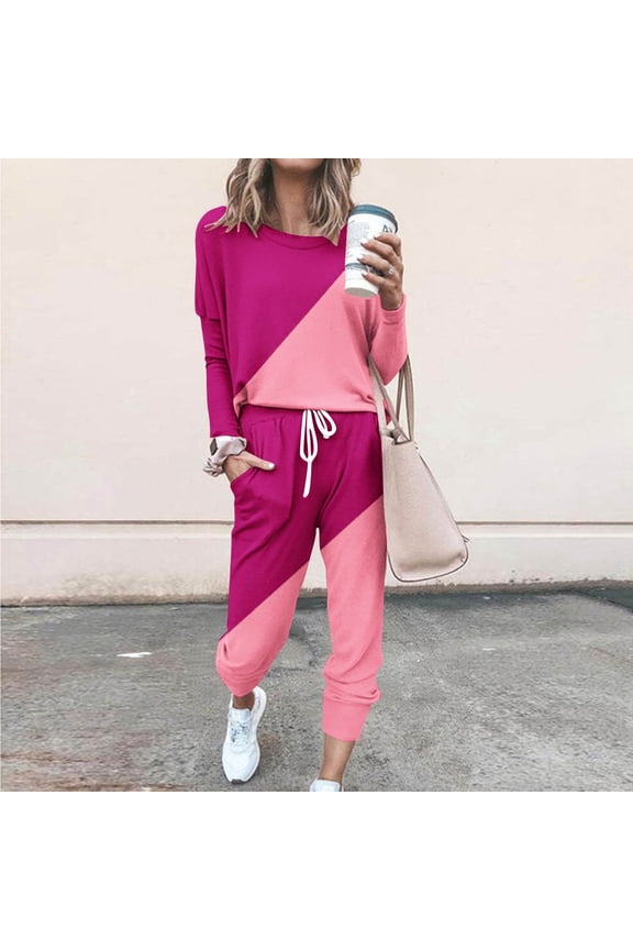 Women's Long Sleeve Ombre Sweatpants Set - Gradient Design, Casual Style, Fall & Outdoor Leisure Wear,Pink