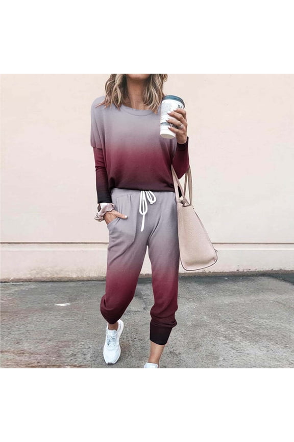 Women's Long Sleeve Ombre Tracksuit - Gradient Design, Casual Style, Fall & Street Wear,Wine