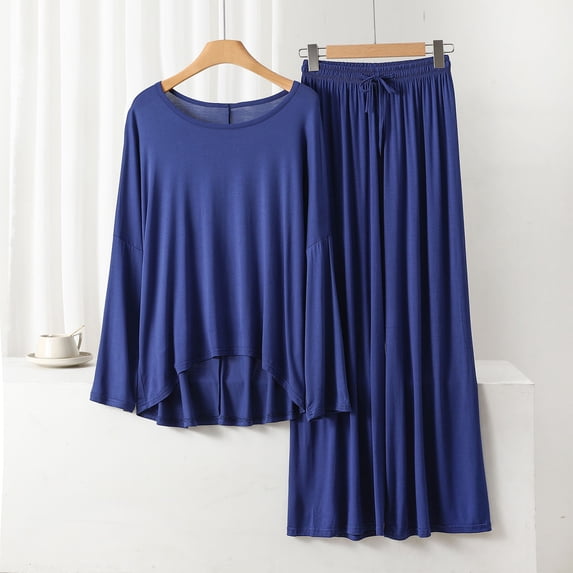 DailyTrove Women's Long Sleeve Pleated Midi Loungewear Skirt - Solid Color, Soft Fabric, Casual Daily & Home Wear,Dark Blue