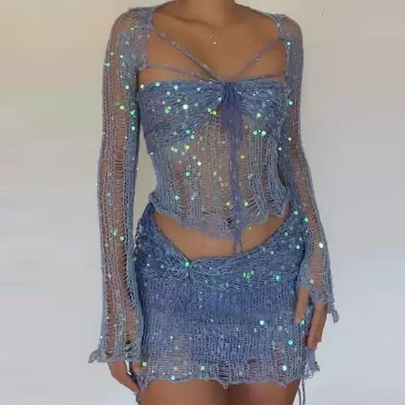 DailyTrove Women's Long Sleeve Sheer Mesh Top & Short Set - Patterned, Feminine Style, Night Out & Party Wear,Blue