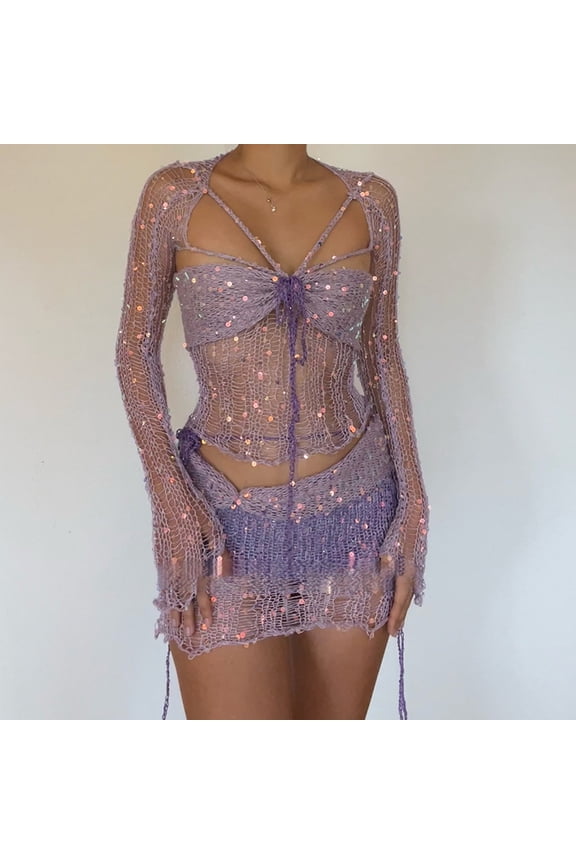 Women's Long Sleeve Sheer Mesh Top & Short Set - Patterned, Feminine Style, Night Out & Party Wear,Purple