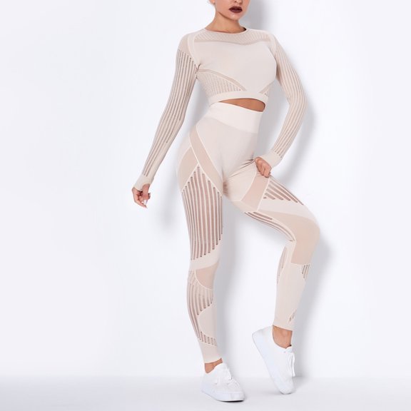 DailyTrove Women's Long Sleeve Sheer Mesh Tracksuit - Patterned, Sexy Style, Night Out & Club Wear,Khaki