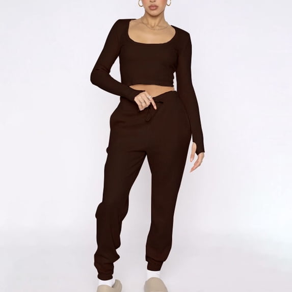 DailyTrove Women's Long Sleeve Square Neck Tracksuit - Solid Color, Slim Fit, Spring & Outdoor Activity Wear,Coffee