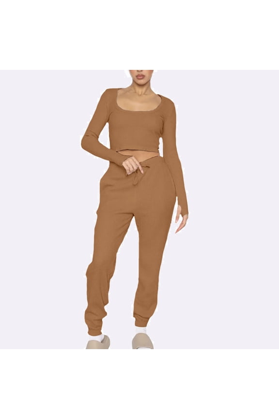 Women's Long Sleeve Square Neck Tracksuit - Solid Color, Slim Fit, Spring & Outdoor Activity Wear,Gold