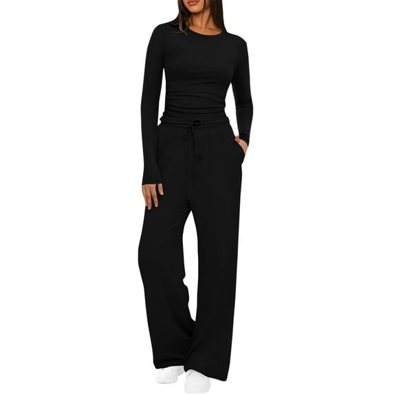 DailyTrove Women's Long Sleeve Tracksuit - Solid Color, Slim Fit, Fall & Outdoor Activity Wear,Black