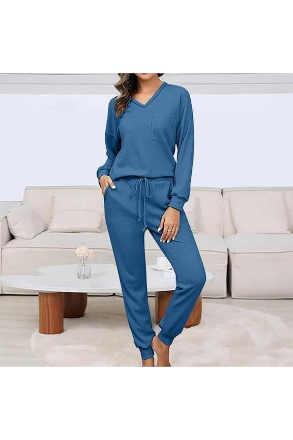 Women's Long Sleeve V-Neck Loungewear Set - Solid Color, Soft Fabric, Casual Daily & Home Wear,Blue