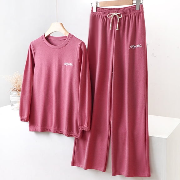 DailyTrove Women's Long Sleeve V-Neck Loungewear Set - Solid Color, Soft Fabric, Casual Daily & Home Wear,Red