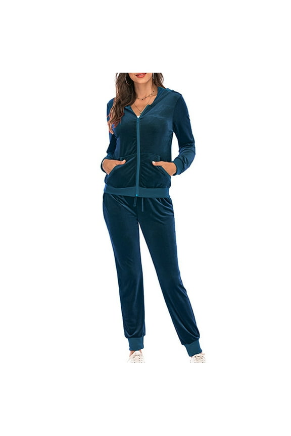 Women's Long Sleeve Velour Tracksuit - Solid Color, Soft Fabric, Fall & Casual Daily Wear,Navy